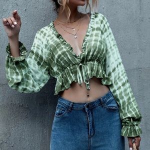 Tie dye frim trim knot front crop top
